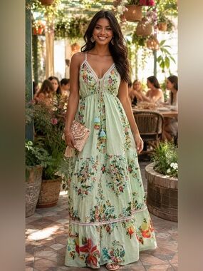 NWT Romantic Garden Party Green Embellished Floral Maxi Dress